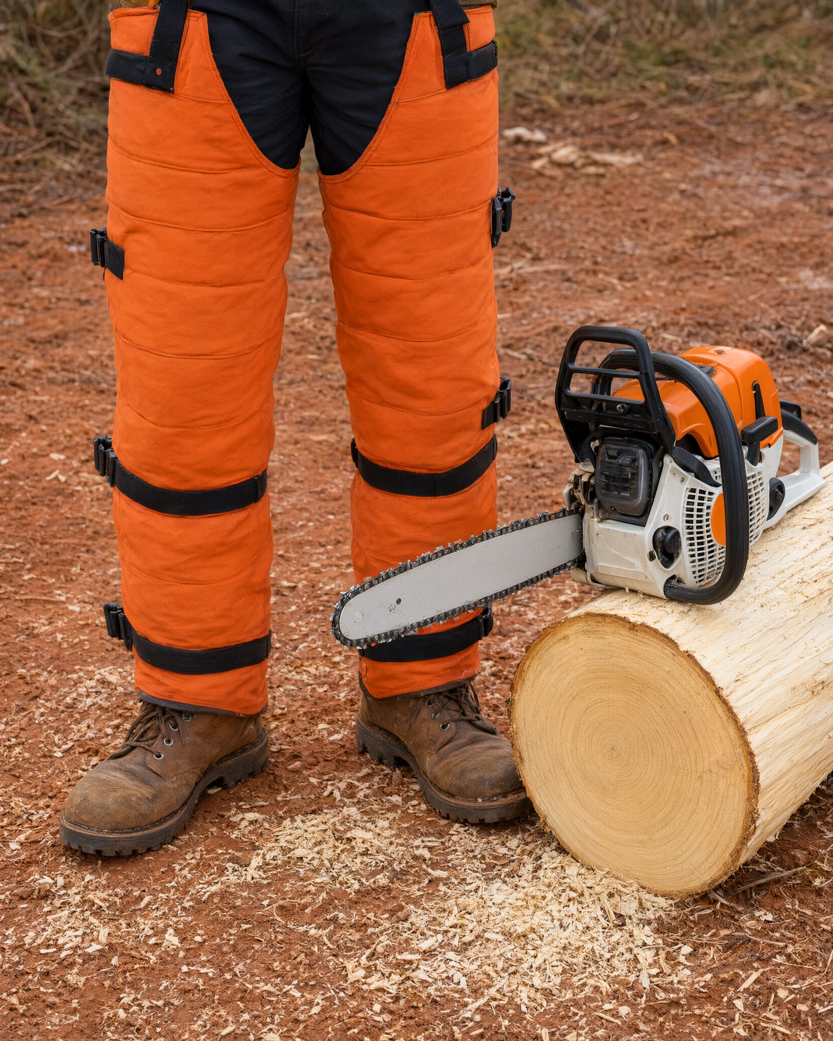 Full-length chainsaw chaps and logger boots on red clay and sawdust beside a chainsaw resting on a cut pine round