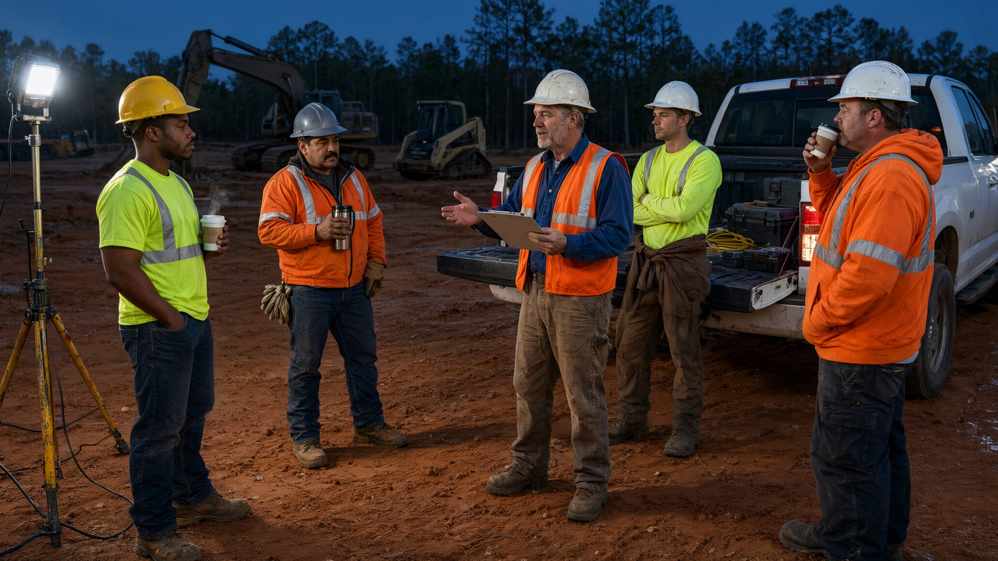 Illustrative pre-dawn safety briefing at a pickup tailgate, five workers in hard hats and hi-vis under a work light