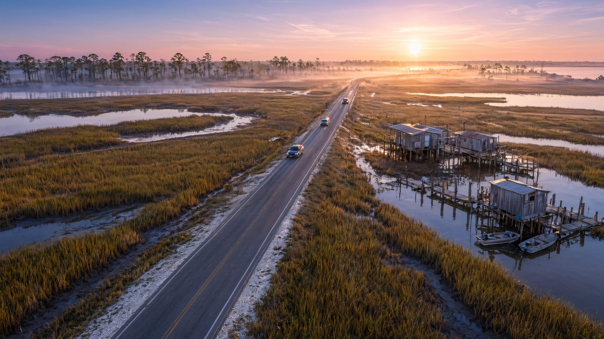 Aerial at first light over a Gulf Coast marsh road, salt marsh and fishing camps on pilings