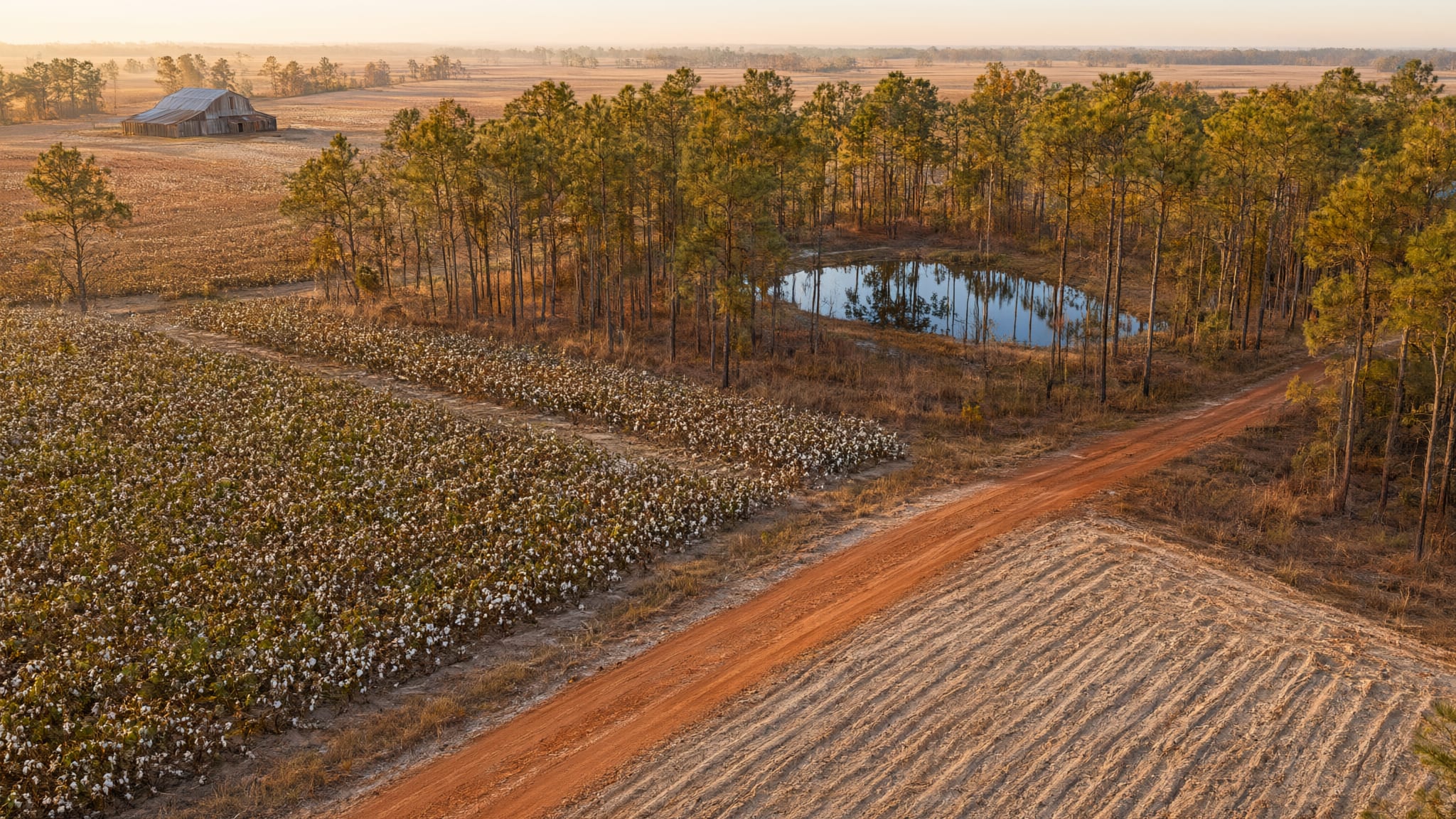 Aerial over Carolina farmland: cotton rows, longleaf pines, a red clay farm road and a small pond in low sun