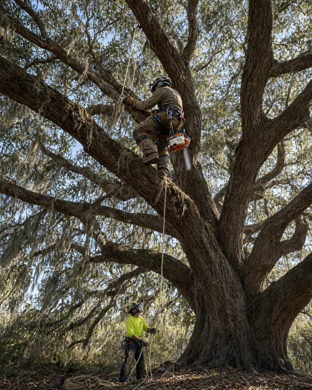 Arborist in helmet and harness climbing a large moss-draped live oak with a chainsaw on a lanyard, a groundworker in helmet and face screen tending the rope below