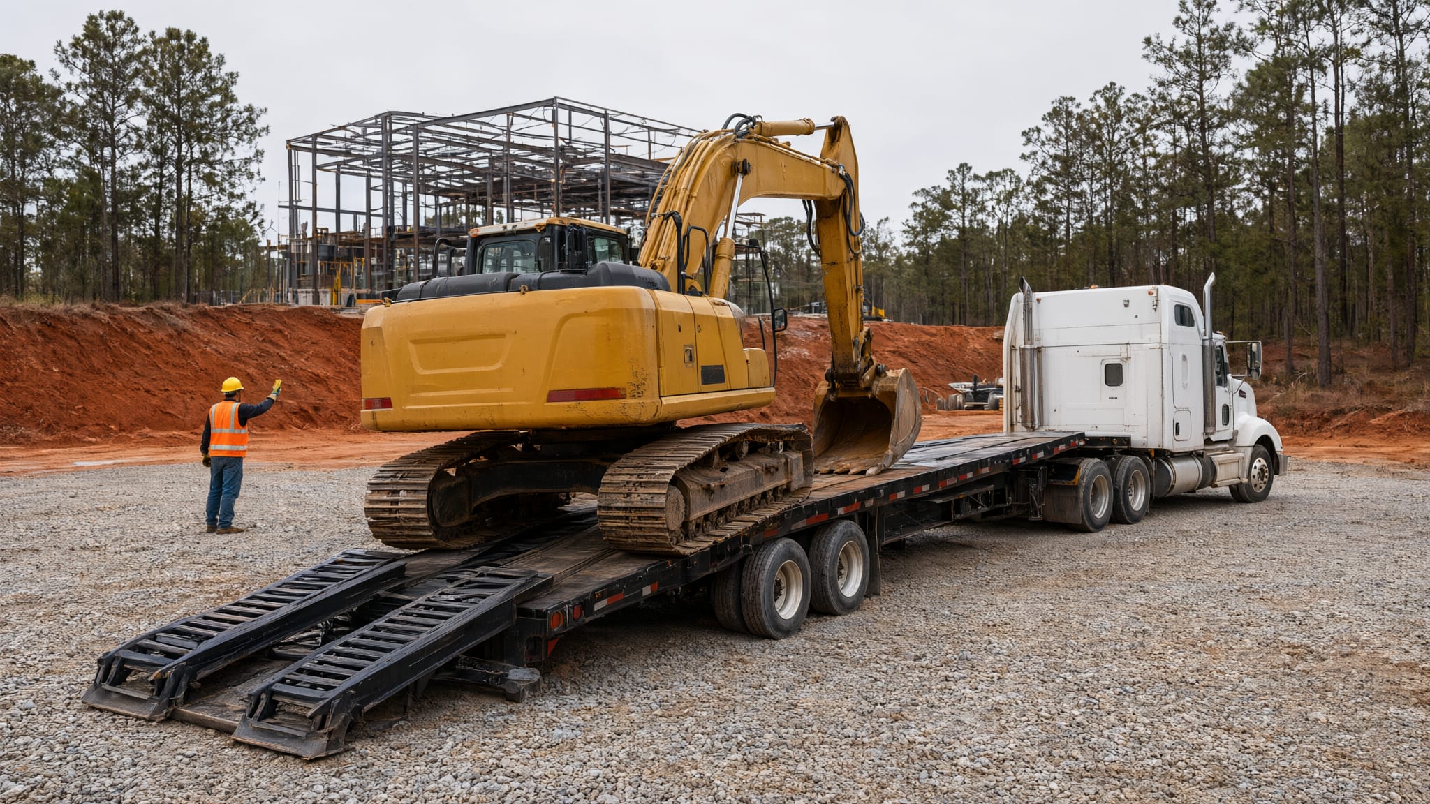 Excavator backing toward the rear ramps of an equipment trailer at a commercial site entrance while a spotter signals from well clear