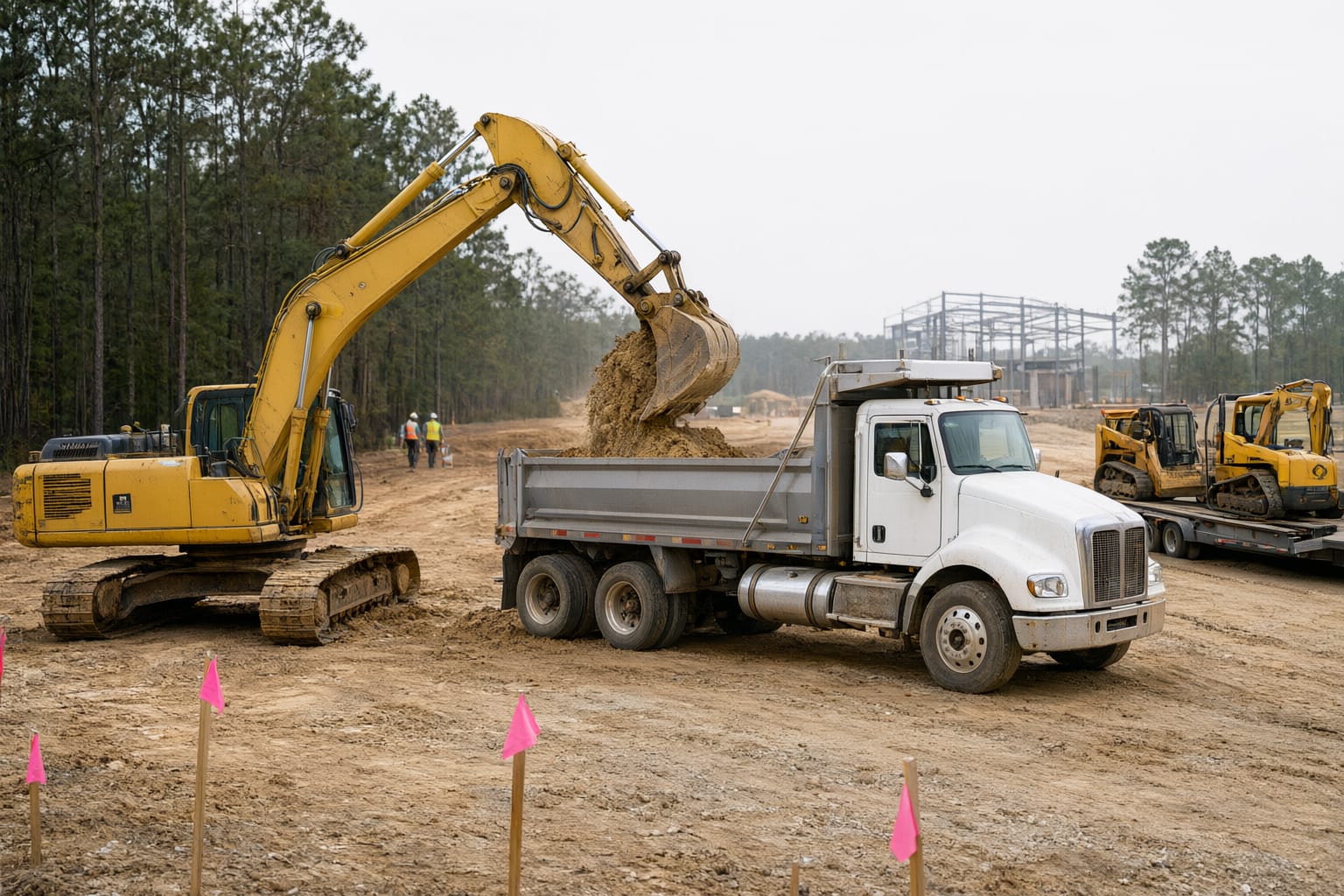 Excavator loading a dump truck on a commercial site pad with additional equipment staged on a lowboy trailer