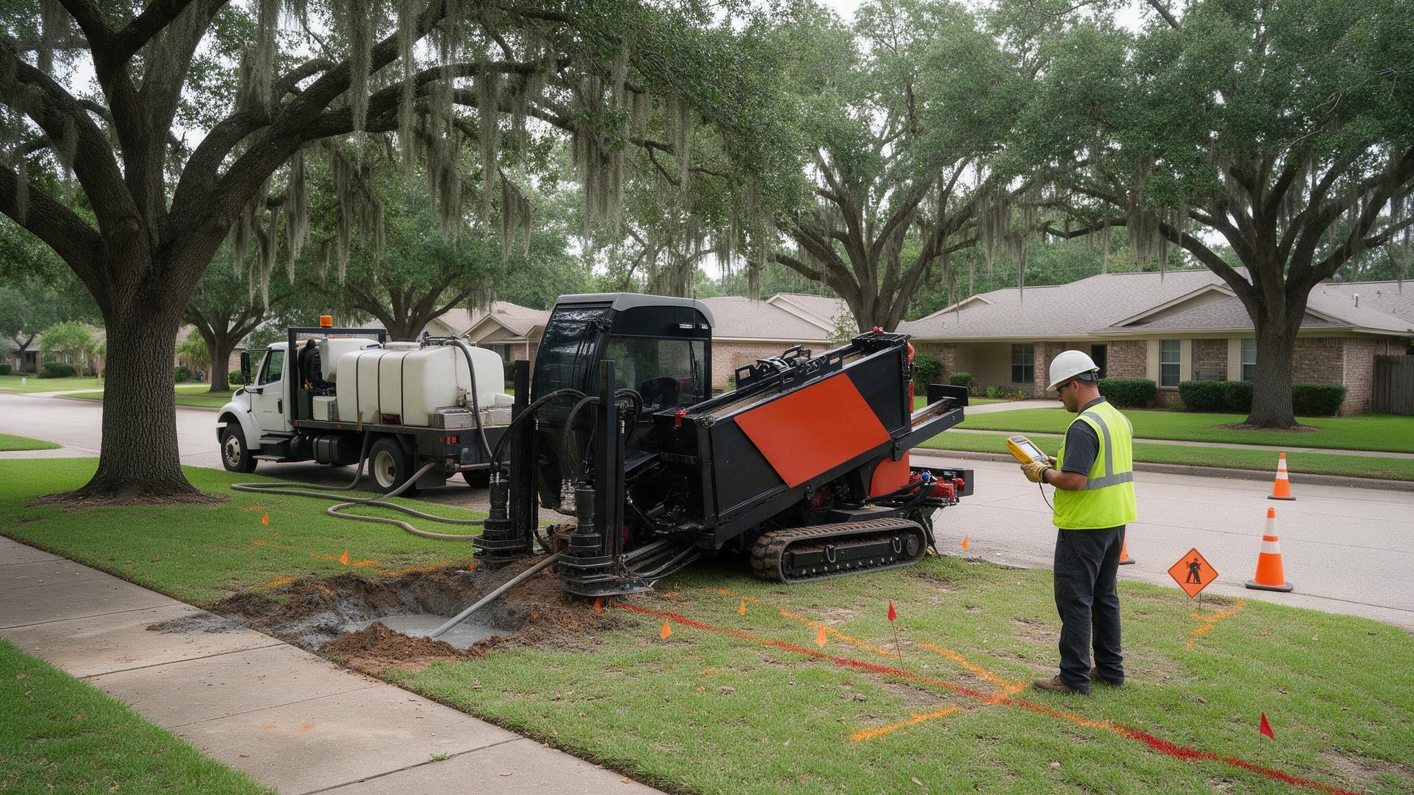 Orange-and-black tracked directional drill on a residential right-of-way under live oaks, a mud tank truck behind it and a locator technician reading a receiver beside the marked bore path