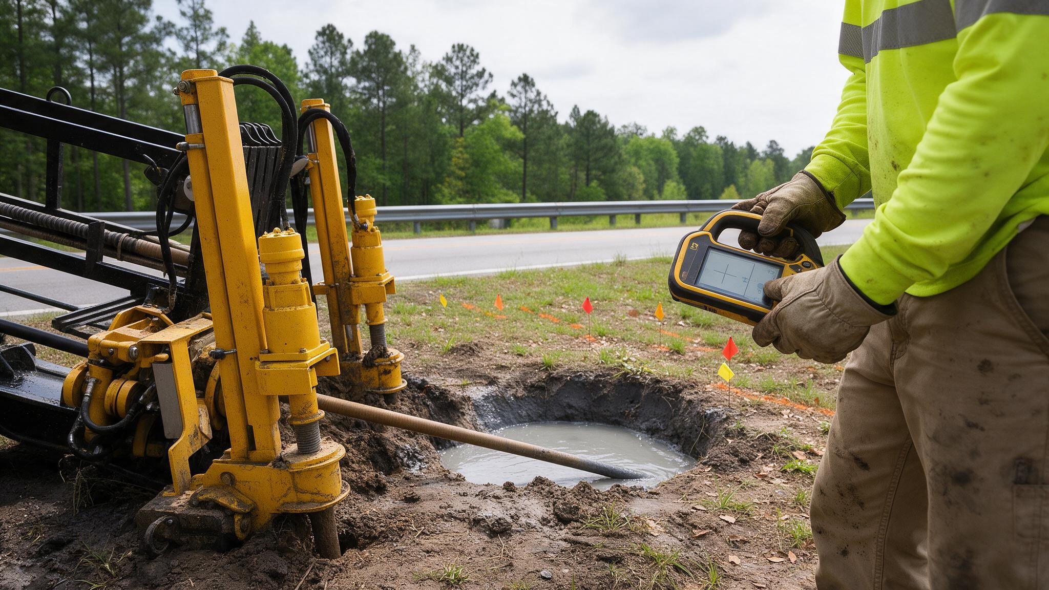 Close view of a directional drill rod entering a fluid-filled entry pit at a shallow angle, a gloved technician holding a handheld locator receiver beside it