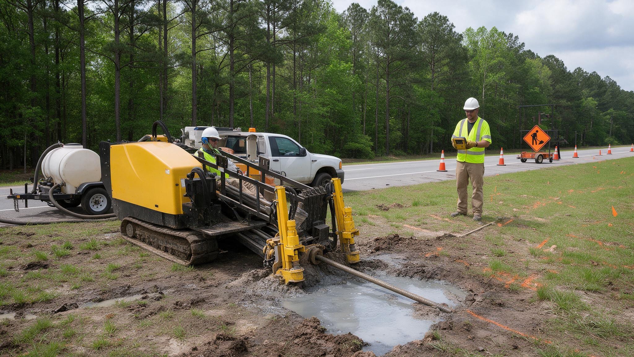 Compact tracked directional drill on a pine-lined road shoulder, drill rod entering a fluid-filled entry pit while a locator technician reads a handheld receiver ahead of the rig