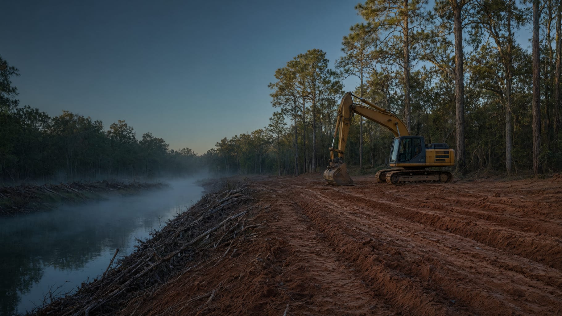 Tracked excavator parked on freshly cleared red-clay ground beside a misty creek at first light