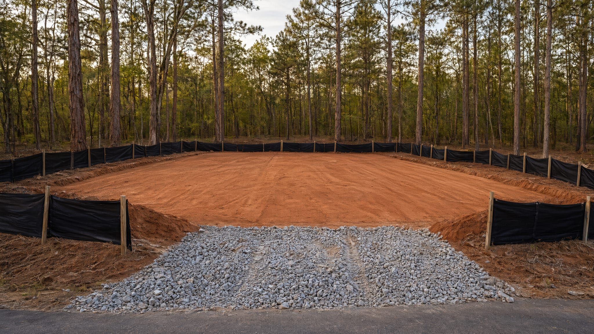 Freshly graded red-clay building pad ringed by staked silt fence, with a crushed-stone construction entrance from the road
