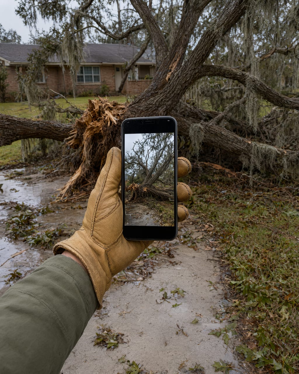 Gloved hand holding a phone up to photograph a fallen live oak blocking a driveway after a storm