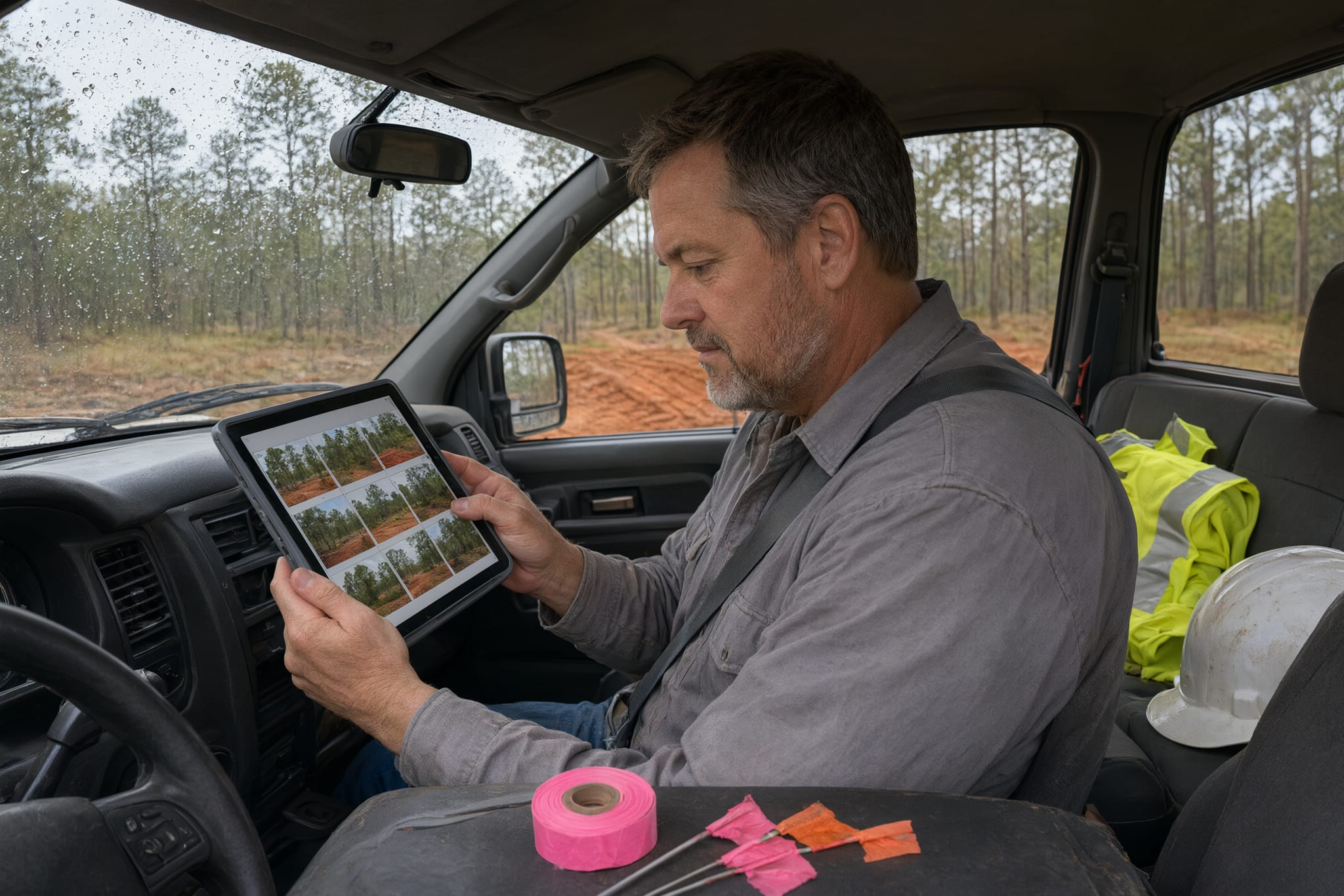 Estimator in a pickup cab reviewing site photos on a tablet, hard hat and hi-vis on the seat, rain on the windshield