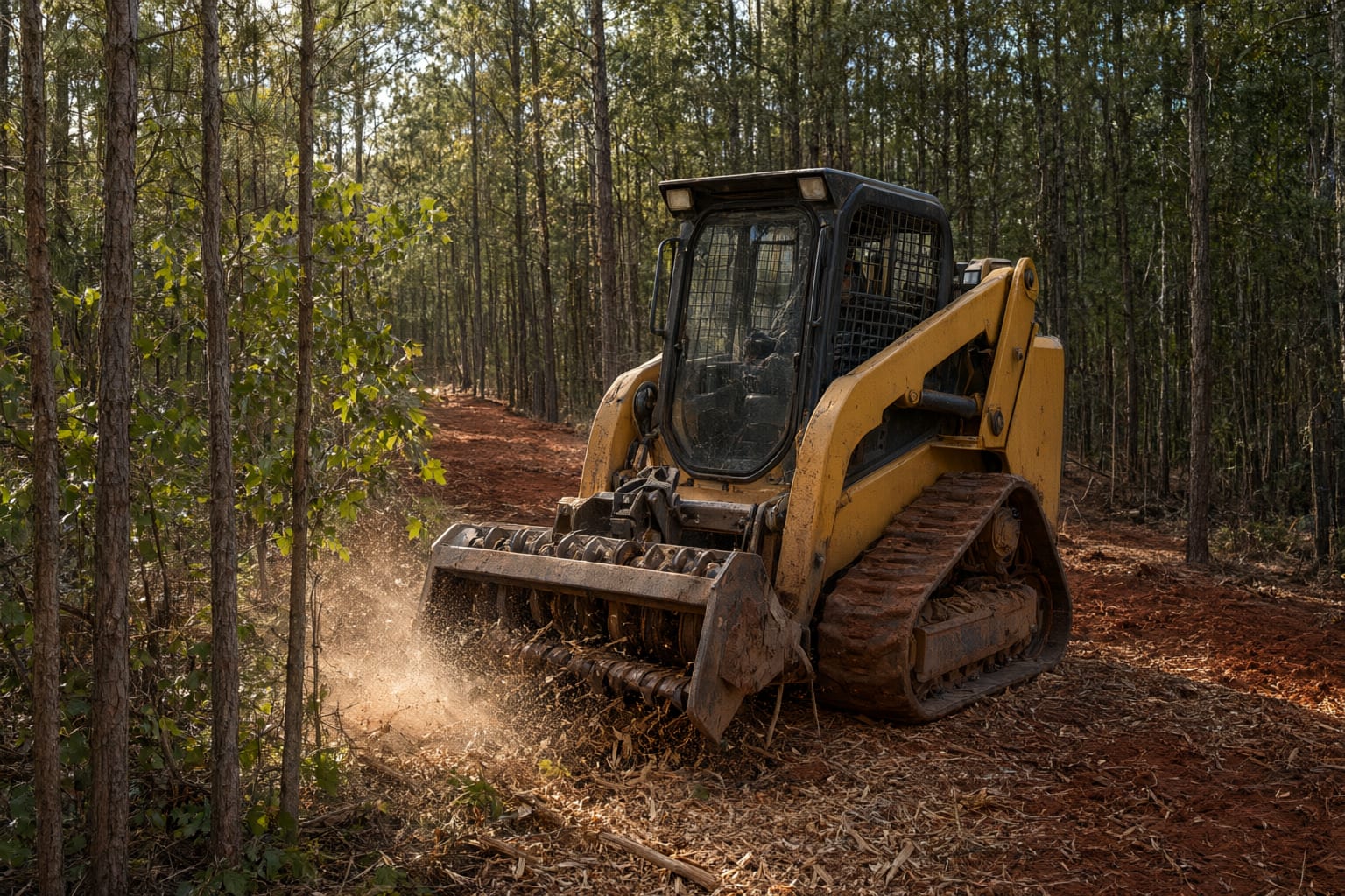 Compact track loader with a forestry drum mulcher grinding saplings in a pine stand, chips spraying, cleared red-clay strip behind