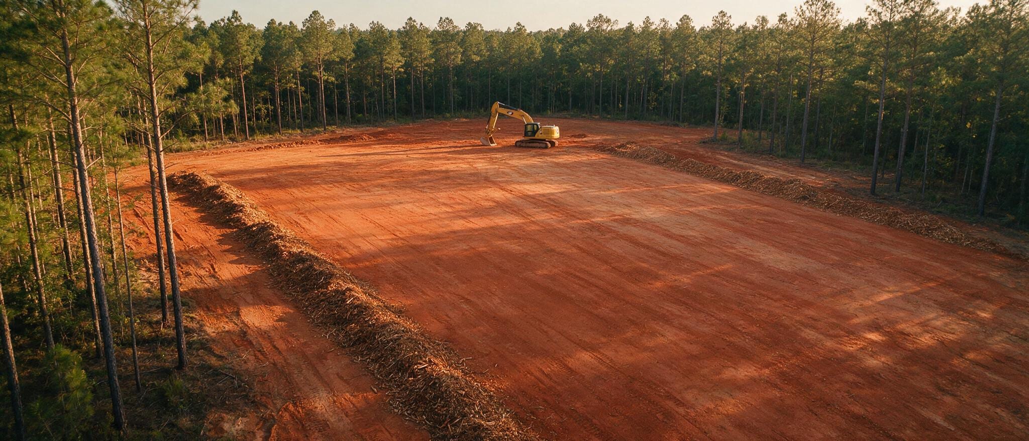 Wide view of a cleared, graded red-clay site at golden hour with mulch windrows along the pine edges and an excavator parked far off