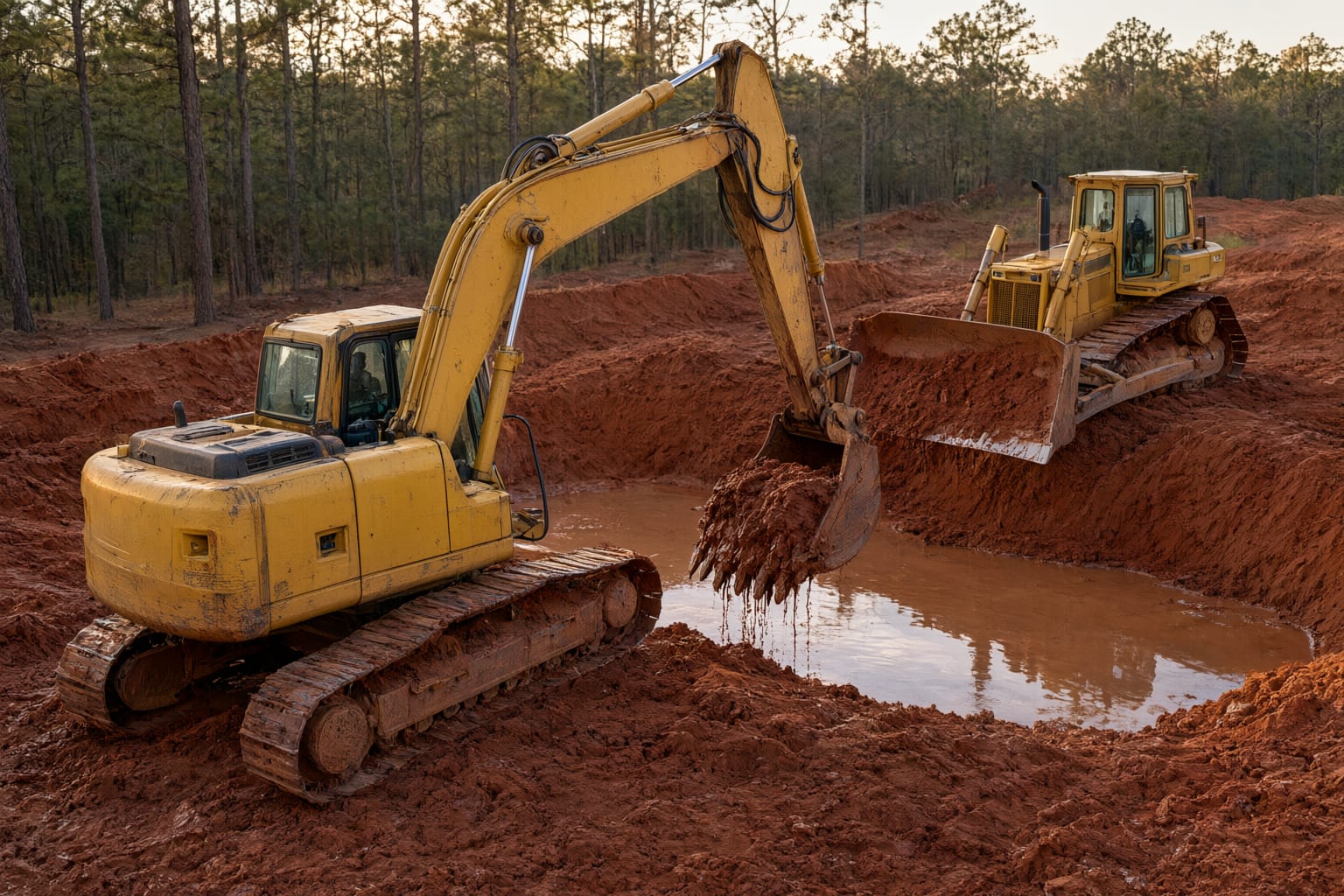 Yellow tracked excavator lifting wet red clay from a new farm pond while a bulldozer shapes the berm, muddy water collecting, pines behind