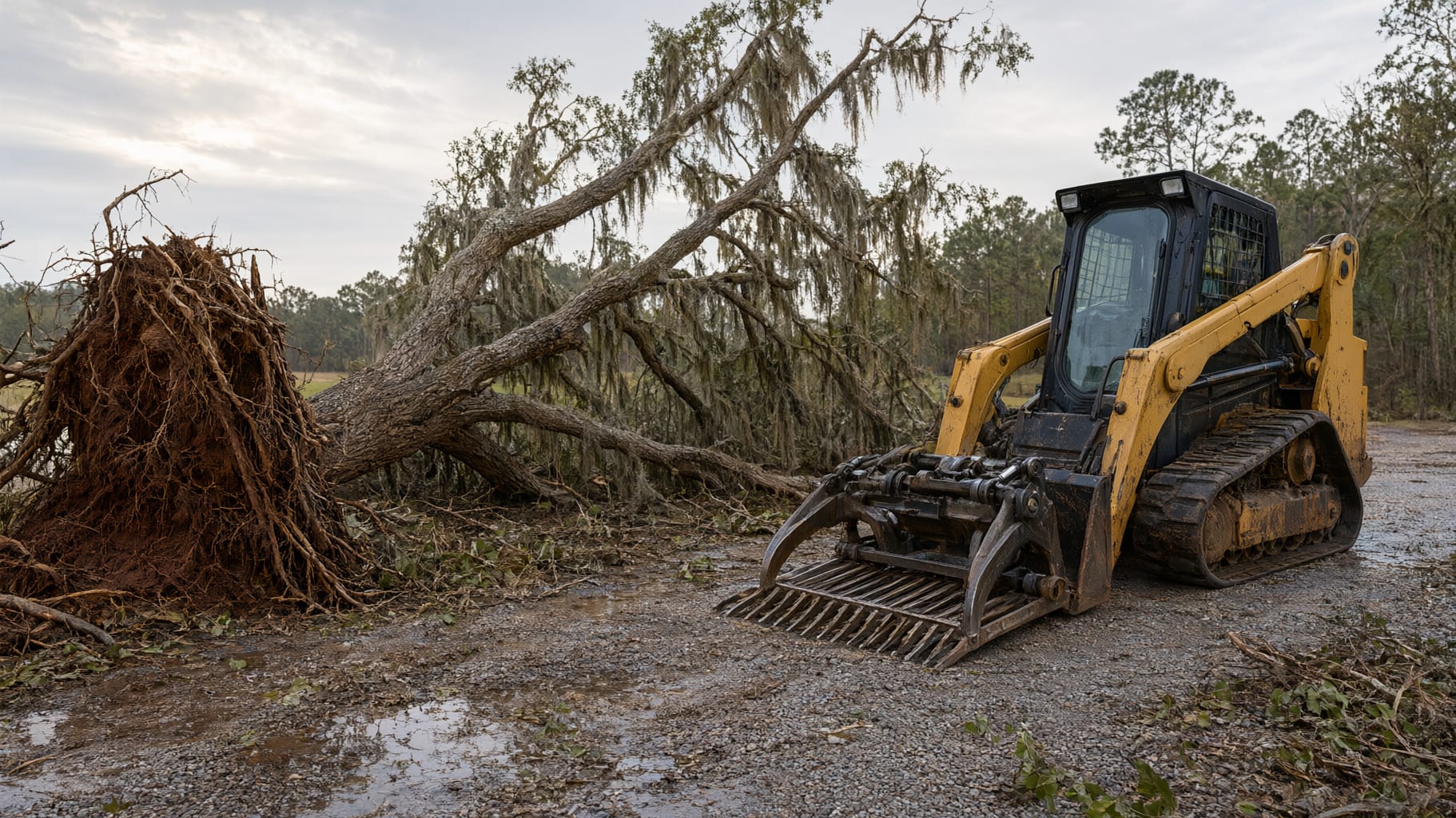 Uprooted live oak lying across a wet gravel drive after a storm, a compact track loader with a root grapple waiting beside it