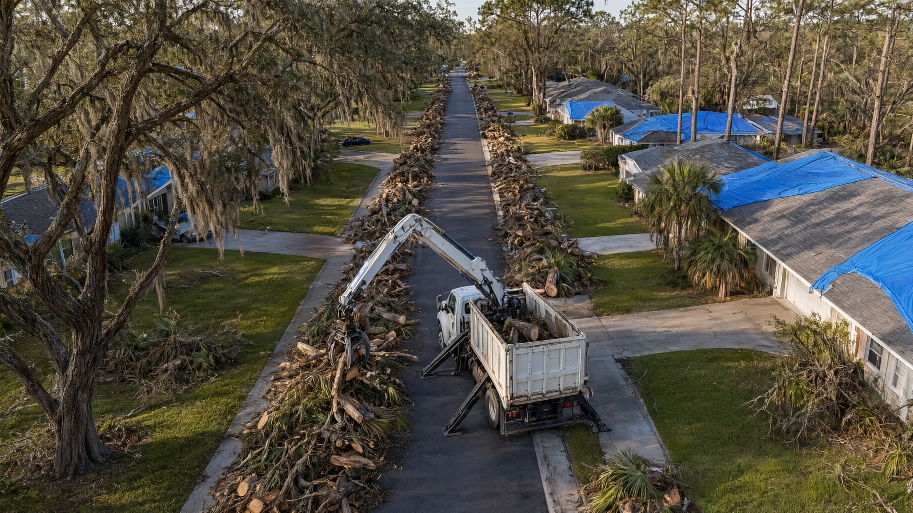 Aerial view of a residential street mid-cleanup with debris windrows at the curb and a grapple truck loading
