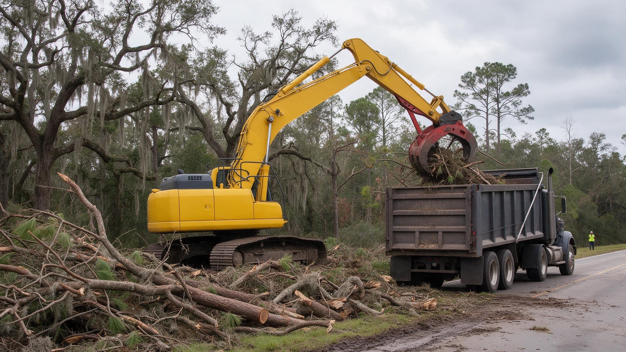 Excavator with a log grapple loading storm brush from a roadside windrow into a tandem dump truck, live oaks and pines behind