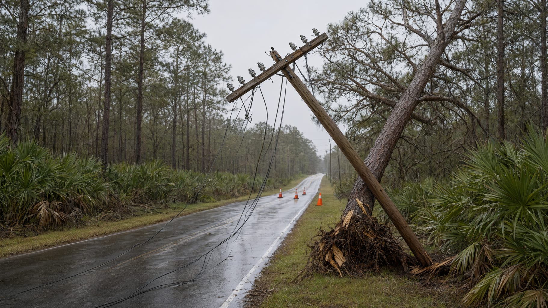 Leaning utility pole and downed power lines across a rural road after a pine fell against the pole, cones far back
