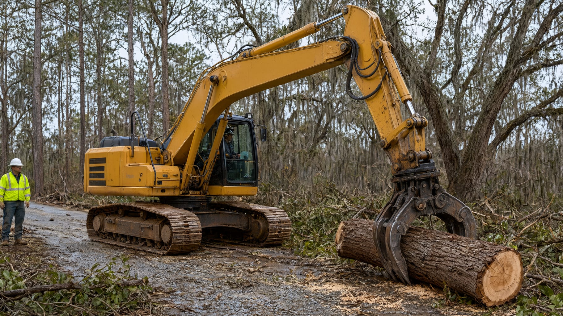 Excavator with a rotating grapple lifting a cut oak trunk off a blocked gravel road while a spotter in hi-vis watches from a distance
