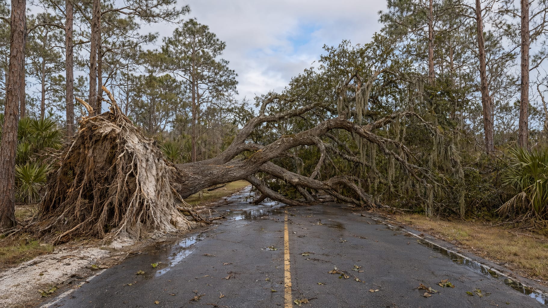 Roble arrancado de raíz atravesado sobre una carretera mojada entre pinos después de un huracán