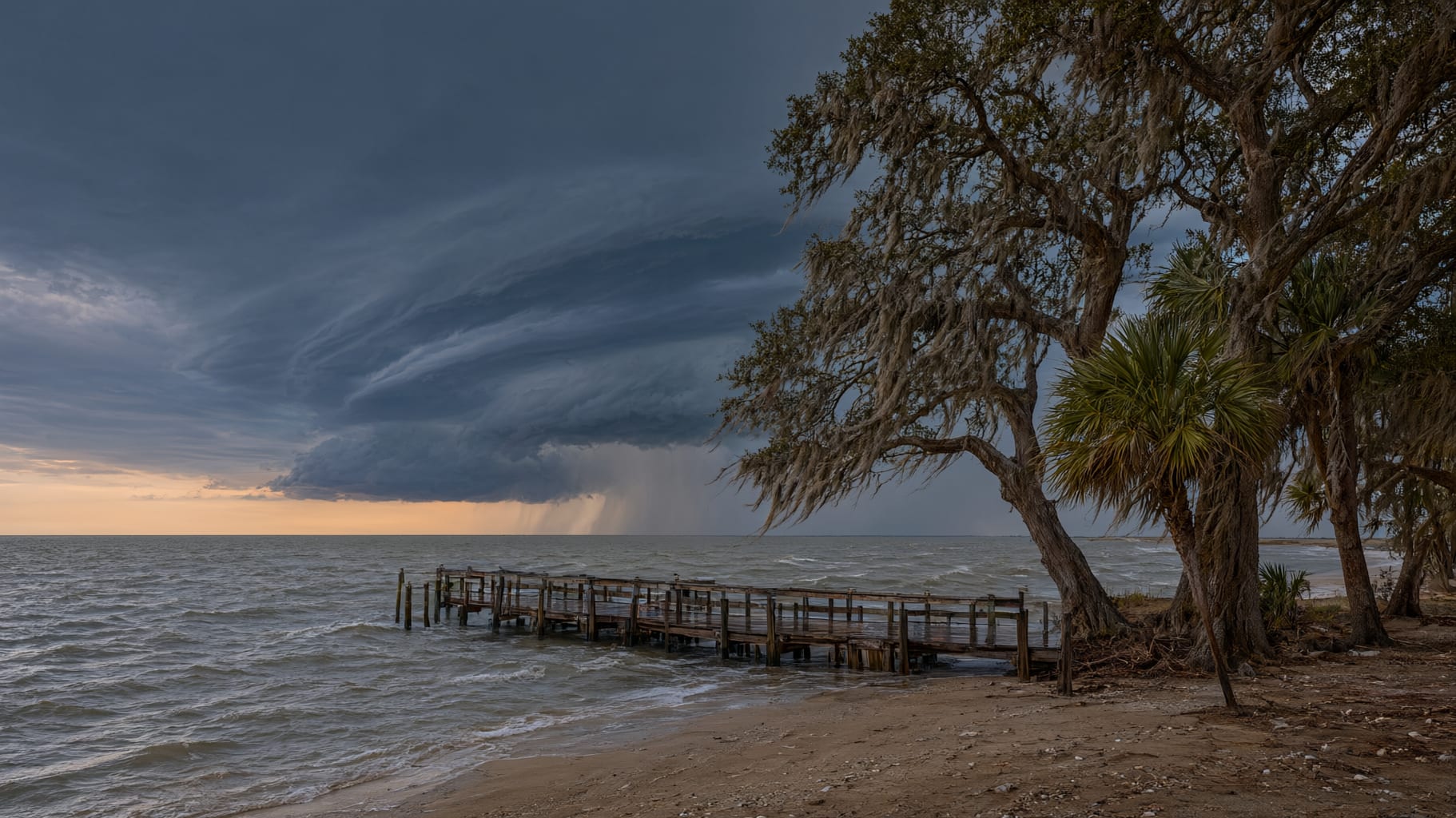 Dark outer rain band of a tropical storm rolling over a bay shoreline at dusk, live oaks with Spanish moss and a wooden pier in the foreground